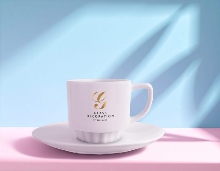 Biała filiżanka ze złotą literą G na pastelowym tle