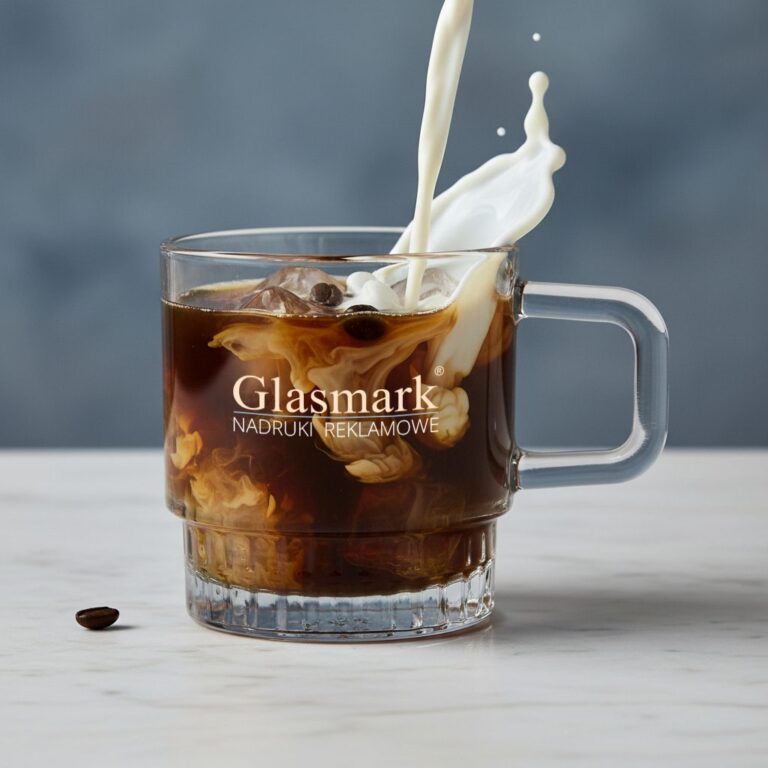 Szklany kubek z nadrukiem Glasmark z nalewanym mlekiem
