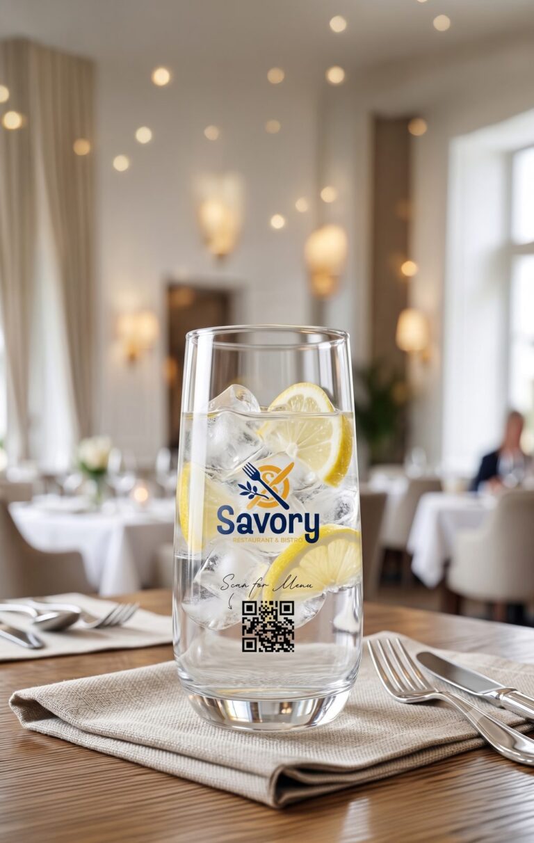 Szklanka z nadrukiem Savory na stole restauracyjnym