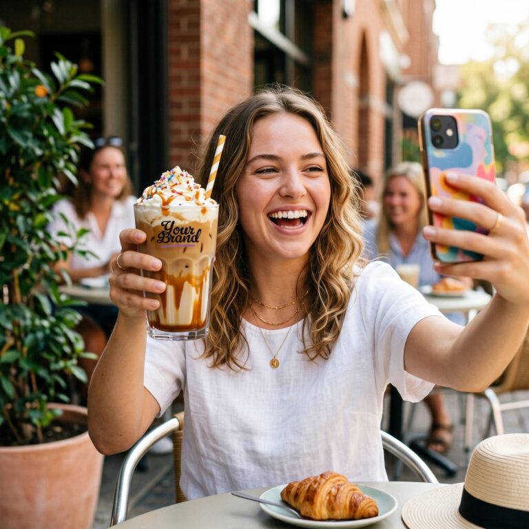 Uśmiechnięta kobieta ze szklanką z nadrukiem Your Brand