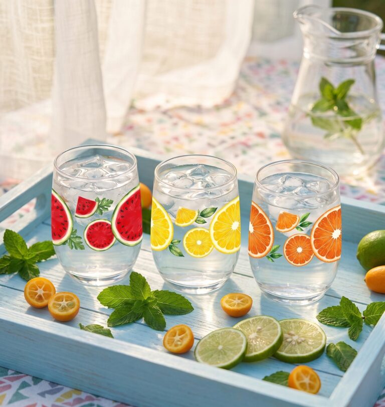 Szklanki z nadrukiem owoców na tacy