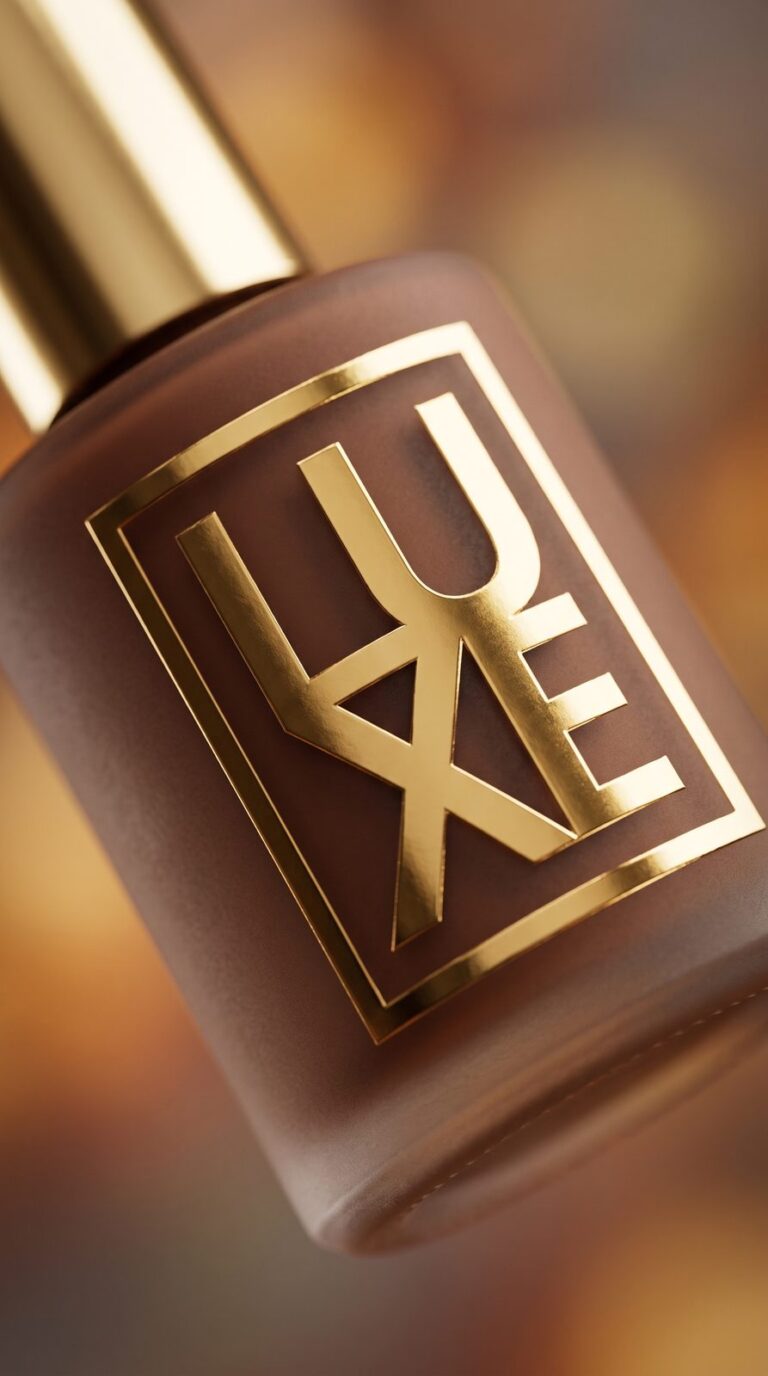 Brązowy flakon kosmetyczny ze złotym napisem LUXE