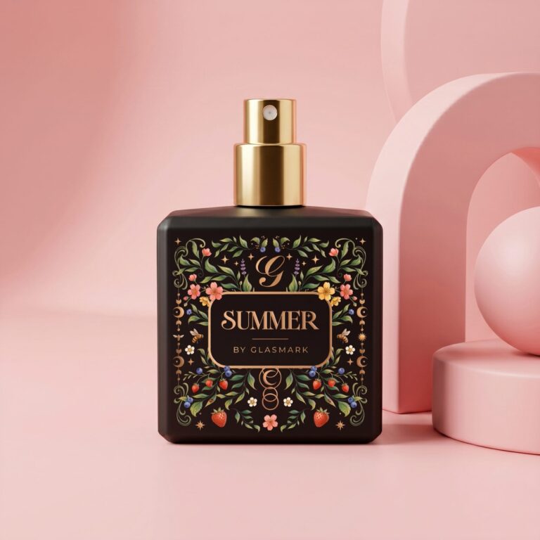 Czarny flakon perfum z kwiatowym nadrukiem