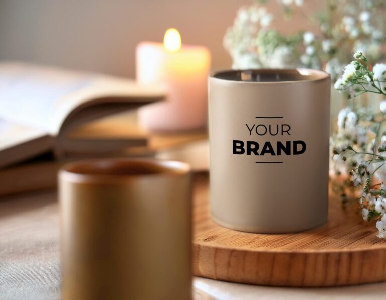 Beżowe naczynie na świecę z nadrukiem Your Brand