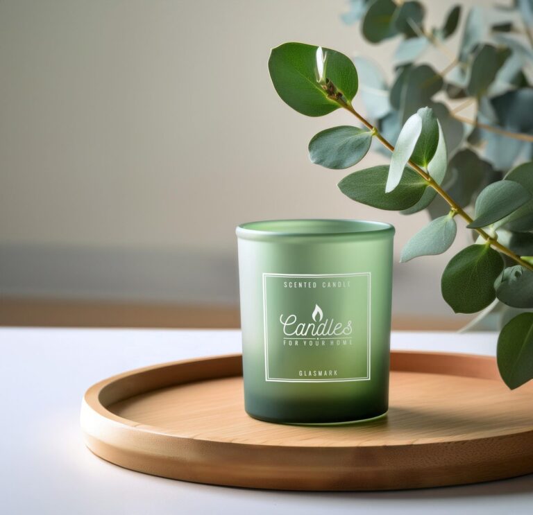 Zielone naczynie na świecę z etykietą Candles