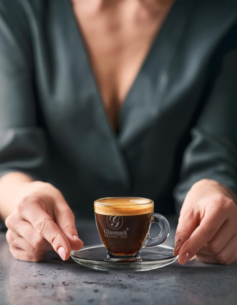Szklana filiżanka do espresso z logo podawana przy stole