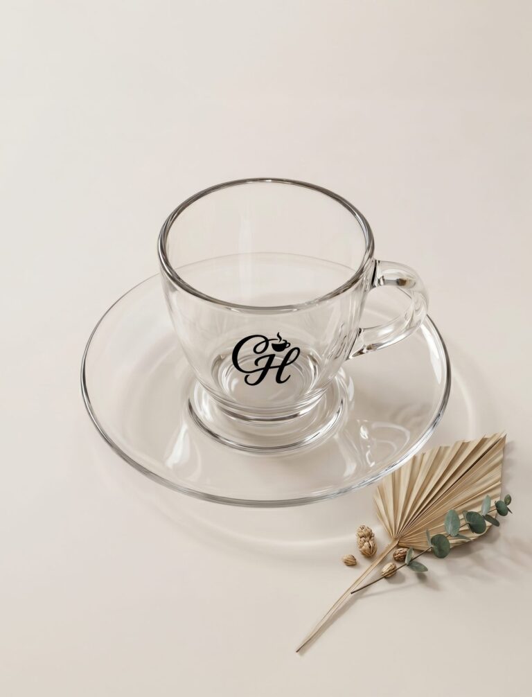 Szklana filiżanka ze spodkiem i monogramem