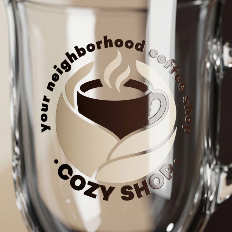 Szklany kubek z nadrukiem kawiarni Cozy Shop