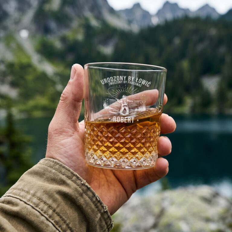 Szklanka do whisky z grawerem trzymana na tle gór